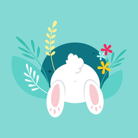 White Easter Bunny in Grass Searching for Egg on Blue Background Vector Illustrationのイラスト素材