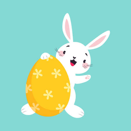 White Easter Bunny Looking Out of Decorated Egg and Waving Paw on Blue Background Vector Illustrationのイラスト素材