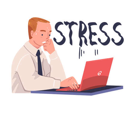 Young Busy Man Character in Stress Feeling Tired and Exhausted Sitting at Laptop Vector Illustrationのイラスト素材