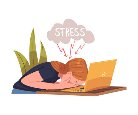 Young Busy Woman Character in Stress Feeling Tired and Exhausted Sitting at Laptop Vector Illustrationのイラスト素材
