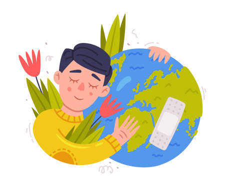 Care About Planet with Man Embracing Green Globe with Arms as Ecology and Environment Protection Vector Illustrationのイラスト素材