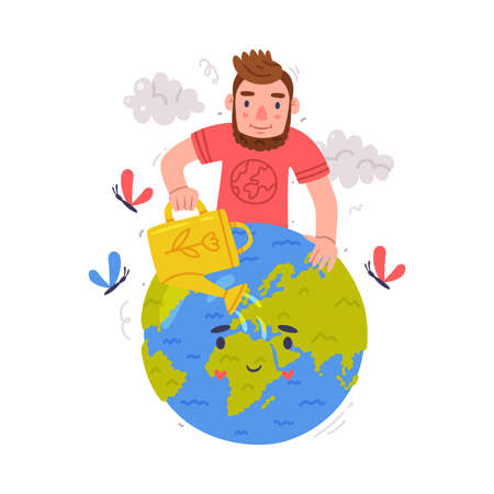 Care About Planet with Man with Watering Can and Green Globe as Ecology and Environment Protection Vector Illustrationのイラスト素材