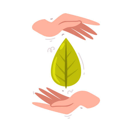 Care About Planet with Human Hand and Green Leaf as Ecology and Environment Protection Vector Illustrationのイラスト素材