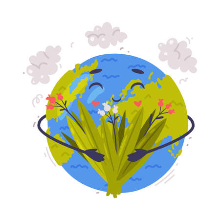 Smiling Earth Globe as Ecology and Environment Protection and Conservation Vector Illustrationのイラスト素材