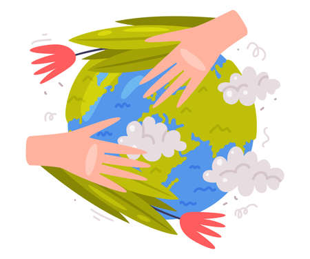 Care About Planet with Human Hand and Green Globe as Ecology and Environment Protection Vector Illustrationのイラスト素材