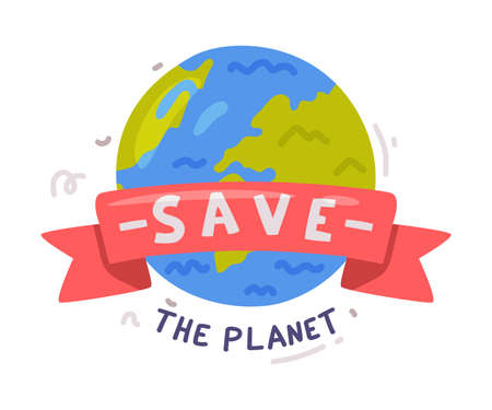 Save our Planet Lettering Quote with Ribbon and Globe Vector Illustrationのイラスト素材