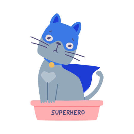 Superhero Grey Cat Wearing Blue Mask and Cape Having Super Power Sitting in Litter Box Vector Illustrationのイラスト素材