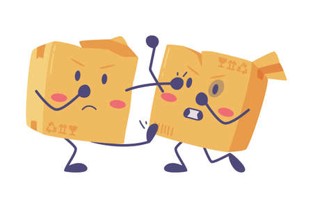 Cute Delivery Cardboard Box Character Fighting with Each Other Vector Illustrationのイラスト素材