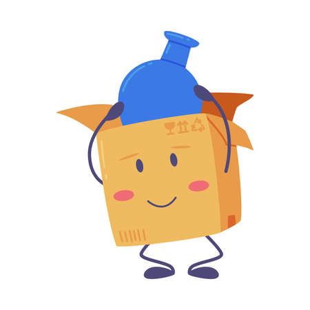 Cute Delivery Cardboard Box Character Putting Fragile Vase Inside Vector Illustrationのイラスト素材