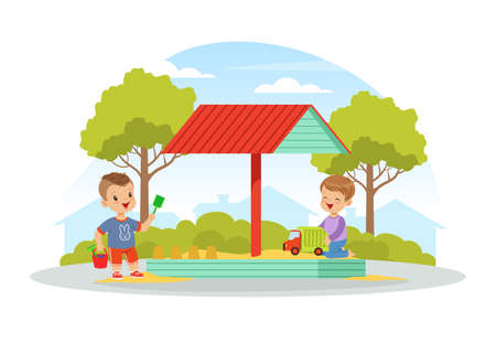 Children Playing on Playground in City Park in Sandpit Vector Illustrationのイラスト素材