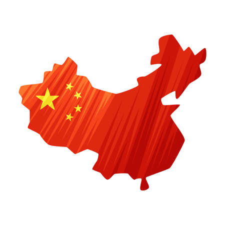 Red China Border Map with Yellow Stars as Traditional Cultural Chinese Symbol Vector Illustrationのイラスト素材