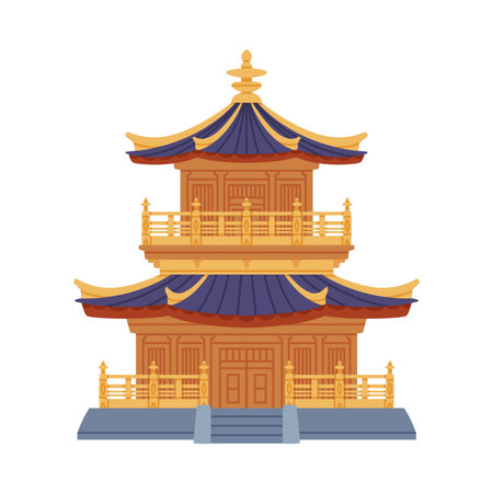 Pagoda as Chinese Tiered Tower with Multiple Eaves and Traditional Building Vector Illustrationのイラスト素材