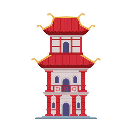 Pagoda as Chinese Tiered Tower with Multiple Eaves and Traditional Building Vector Illustrationのイラスト素材