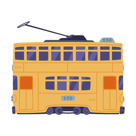 Chinese Tram or Streetcar as Train Running on Tramway Track on Public Urban Street Vector Illustrationのイラスト素材