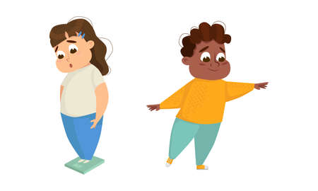 Cute overweight girl boy. Children obesity concept cartoon vector illustrationのイラスト素材