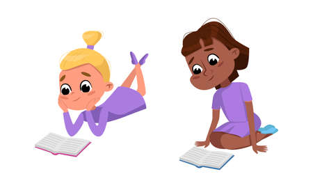 Kids reading books. Cute girls learning and enjoying reading of literature cartoon vector illustrationのイラスト素材