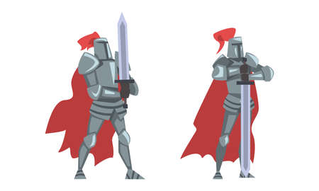 Medieval knights in full body armours standing with sword vector illustrationのイラスト素材