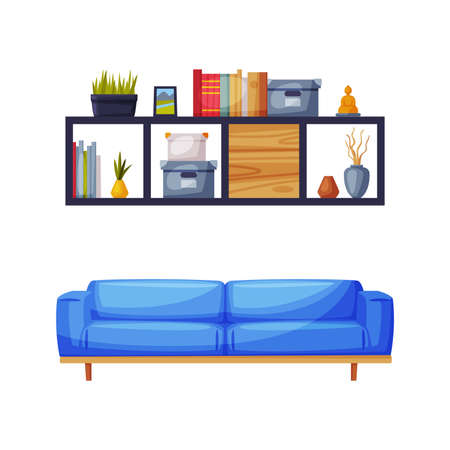 Furniture for cozy room interior. Blue comfy sofa bookshelf and lamp vector illustrationのイラスト素材