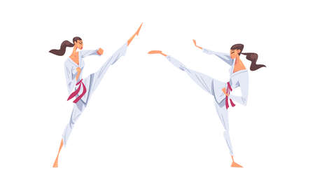 Female athletes in kimono doing high kick. Girls practicing karate martial art set cartoon vector illustrationのイラスト素材