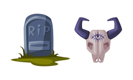 Old gravestone and bull skull bone. Witchcraft attributes, halloween objects cartoon vector illustrationのイラスト素材