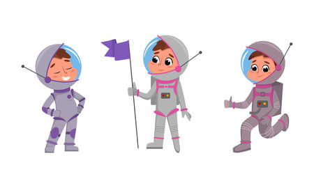 Cute boys astronauts in space suits set cartoon vector illustrationのイラスト素材