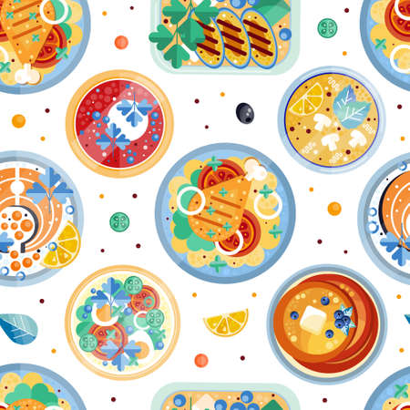 Served Dish and Food with Chicken Leg and Salad Vector Seamless Pattern Templateのイラスト素材