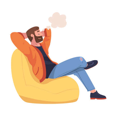 Man Character Daydreaming Imagining and Fantasizing Having Spontaneous Thought in Bubble Sitting in Armchair Vector Illustrationのイラスト素材
