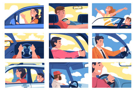 People Character Driving Car Sitting on Driver Seat Inside Vehicle Vector Illustration Setのイラスト素材