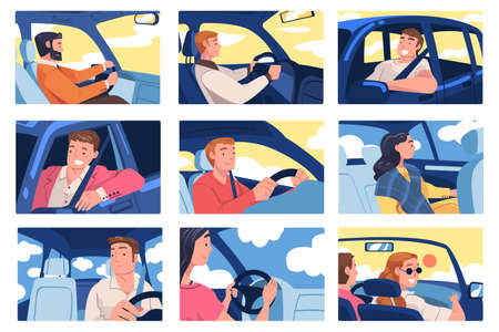People Character Driving Car Sitting on Driver Seat Inside Vehicle Vector Illustration Setのイラスト素材