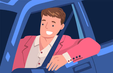 Man Character Driving Car Sitting on Driver Seat Inside Vehicle Vector Illustrationのイラスト素材