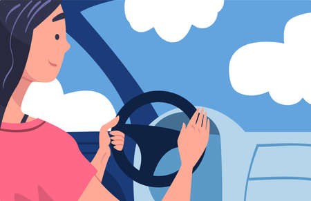 Woman Character Driving Car Sitting on Driver Seat Inside Vehicle Vector Illustrationのイラスト素材