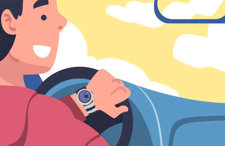 Man Character Driving Car Sitting on Driver Seat Inside Vehicle Vector Illustrationのイラスト素材