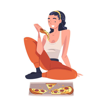 Woman Character Eating Food at Home Sitting on the Floor with Slice of Pizza Vector Illustrationのイラスト素材