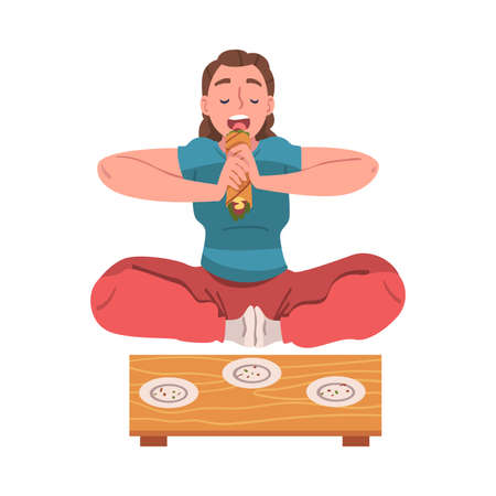Woman Character Eating Food at Home Sitting on the Floor with Burrito Vector Illustrationのイラスト素材