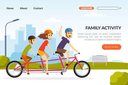 Landing Page with Happy Family Riding Bike Engaged in Weekend Activity Vector Illustrationのイラスト素材