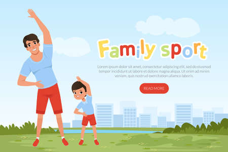 Landing Page with Happy Dad and His Son Doing Sport Activity Vector Templateのイラスト素材