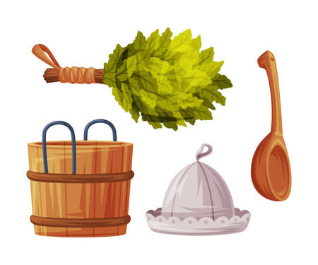 Wooden Barrel, Spoon and Oak Broom for Sauna as Finland Symbol and Attribute Vector Illustrationのイラスト素材