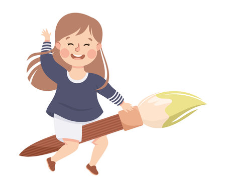 Little Girl Flying on Paint Brush and Waving Hand Ready to Study Vector Illustrationのイラスト素材