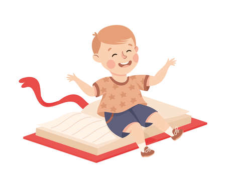 Little Boy Flying on Book Ready to Study Vector Illustrationのイラスト素材