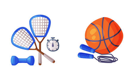 Sports equipment set. Tennis racquets, basketball ball and skipping rope vector illustrationのイラスト素材