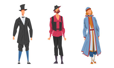 People in national clothing set. Men in European and East European clothing cartoon vector illustrationのイラスト素材