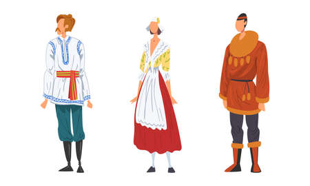People in national clothing set. Mqn and woman in traditional outfit of different countries cartoon vector illustrationのイラスト素材