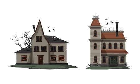 Scary gothic mansions set. Abandoned creepy houses cartoon vector illustrationのイラスト素材
