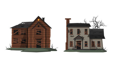 Set of abandoned scary mansions cartoon vector illustratioのイラスト素材