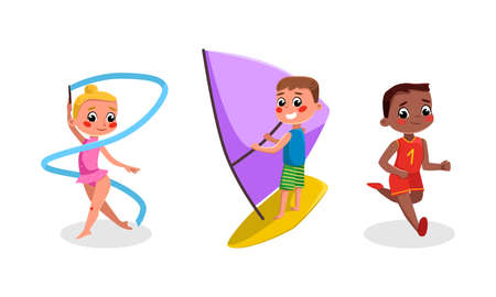 Cute kids doing sports set. Girl and boy windsurfing, running, doing rhythmic gymnastics cartoon vector illustrationのイラスト素材