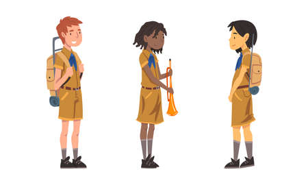 Scouting children set. Boys and girl in explorer outfit hiking with backpacks and trumpet cartoon vector illustrationのイラスト素材