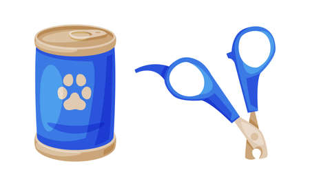 Tin can of pet food and pet nail clippers. Supplies for domestic animals set cartoon vector illustrationのイラスト素材