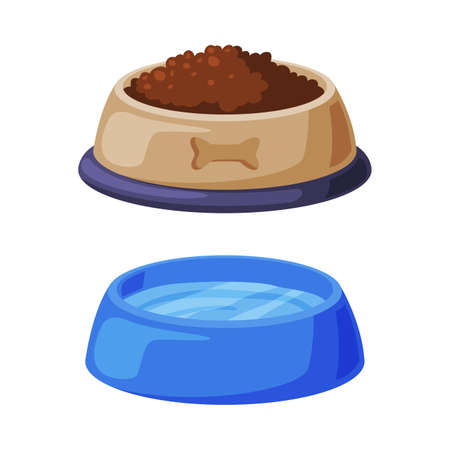 Bowl of dry food and water. Pet animals feeding concept cartoon vector illustrationのイラスト素材
