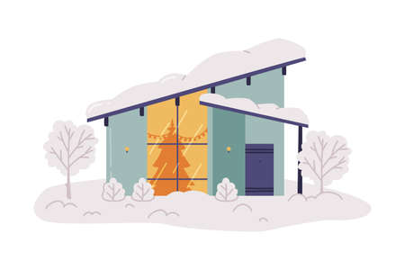 Winter House and Country Cottage with Roof Covered with Snow and Tree in the Yard Vector Illustrationのイラスト素材