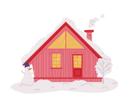 Winter House and Country Cottage with Roof Covered with Snow and Tree in the Yard Vector Illustrationのイラスト素材